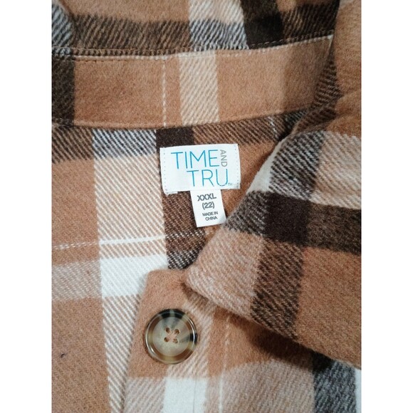 Time And Tru Jacket Womens 3XL Tan White Plaid Shacket Flap Pockets Button Up - Picture 4 of 7